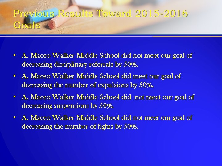 Previous Results Toward 2015 -2016 Goals • A. Maceo Walker Middle School did not