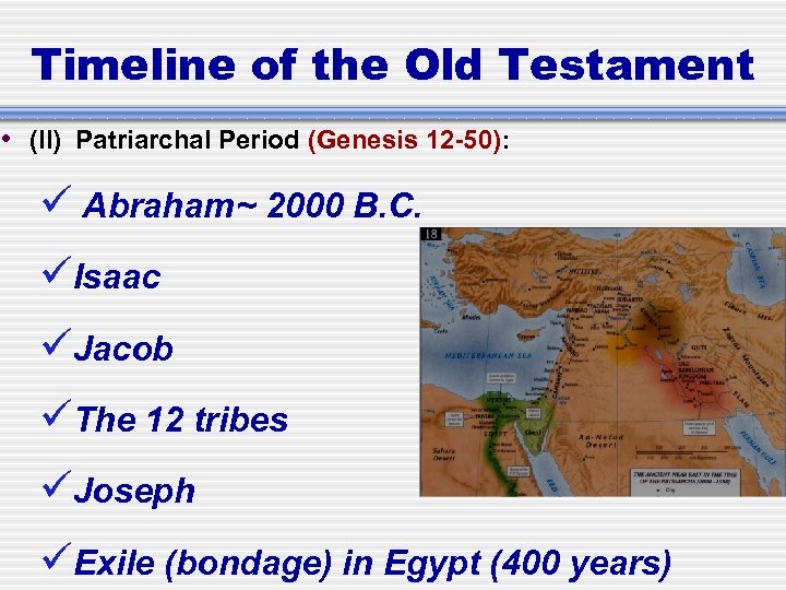 Timeline of the Old Testament • (II) Patriarchal Period (Genesis 12 -50): Abraham~ 2000