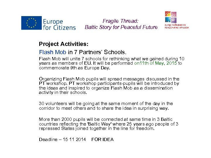 Fragile Thread: Baltic Story for Peaceful Future Project Activities: Flash Mob in 7 Partners’