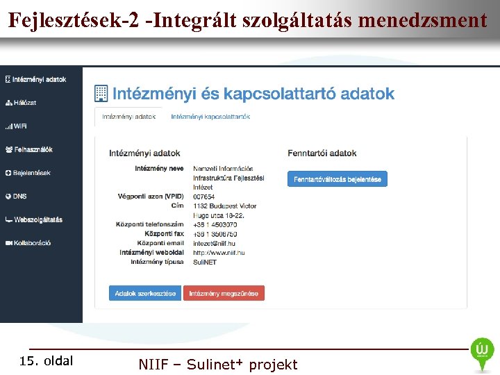 Fejlesztések-2 -Integrált szolgáltatás menedzsment • Nemzeti Információs Infrastruktúra Fejlesztési Intézet 15. oldal NIIF –