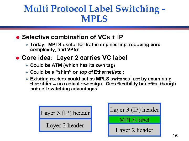 Multi Protocol Label Switching MPLS l Selective combination of VCs + IP » Today: