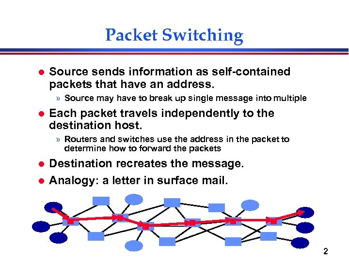 Packet Switching l Source sends information as self-contained packets that have an address. »