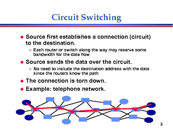 Circuit Switching l Source first establishes a connection (circuit) to the destination. » Each