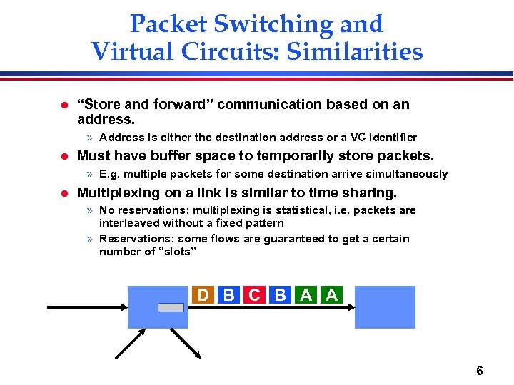 Packet Switching and Virtual Circuits: Similarities l “Store and forward” communication based on an