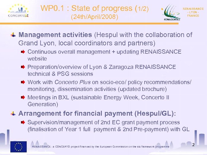 WP 0. 1 : State of progress (1/2) (24 th/April/2008) RENAISSANCE - LYON FRANCE