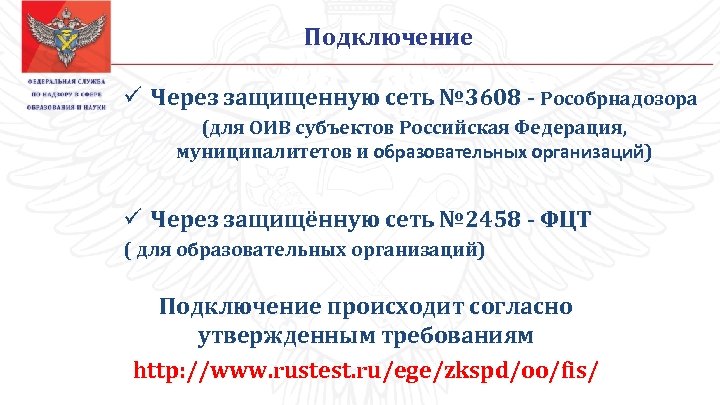 Подключение ü Через защищенную сеть № 3608 - Рособрнадозора (для ОИВ субъектов Российская Федерация,