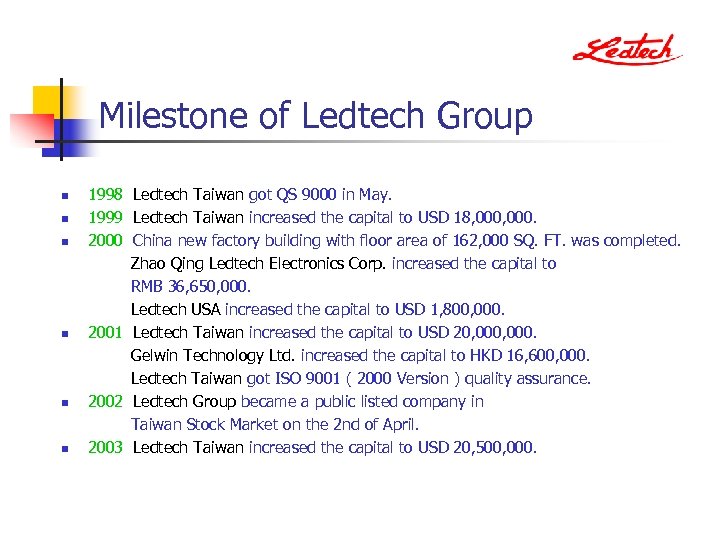 Milestone of Ledtech Group n n n 1998 Ledtech Taiwan got QS 9000 in