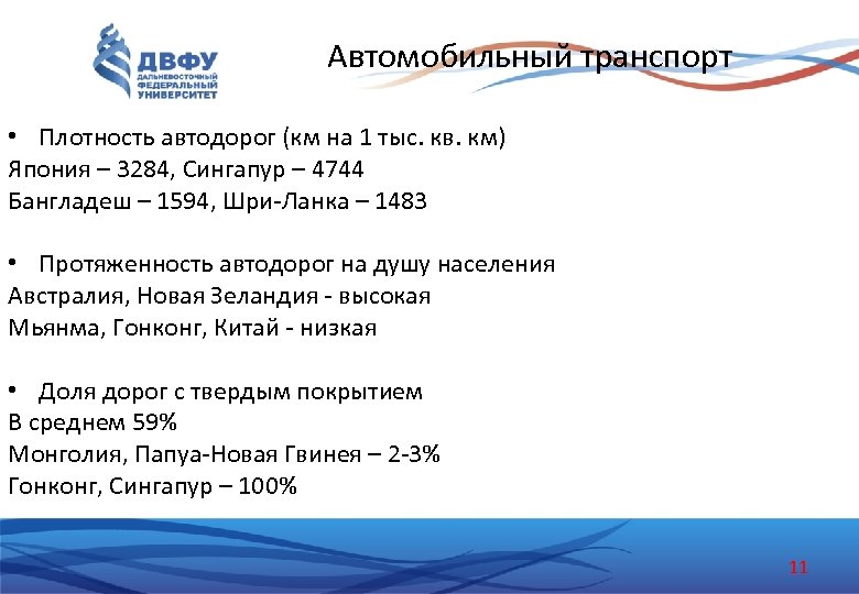 Автомобильный транспорт • Плотность автодорог (км на 1 тыс. кв. км) Япония – 3284,