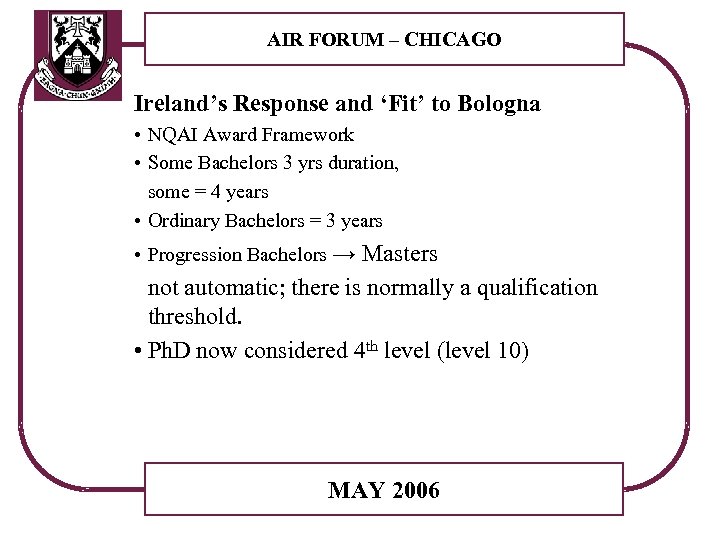 AIR FORUM – CHICAGO Ireland’s Response and ‘Fit’ to Bologna • NQAI Award Framework