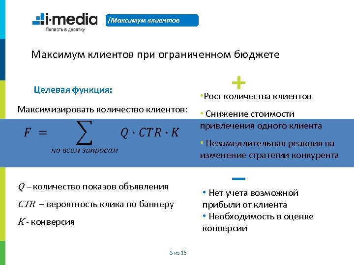 /Максимум клиентов при ограниченном бюджете Целевая функция: ⁺ • Рост количества клиентов Максимизировать количество