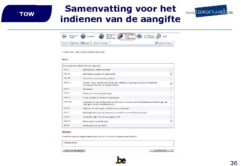 TOW Samenvatting voor het indienen van de aangifte 36 