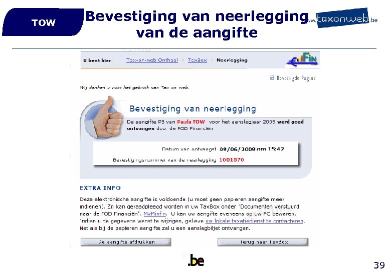 TOW Bevestiging van neerlegging van de aangifte 39 