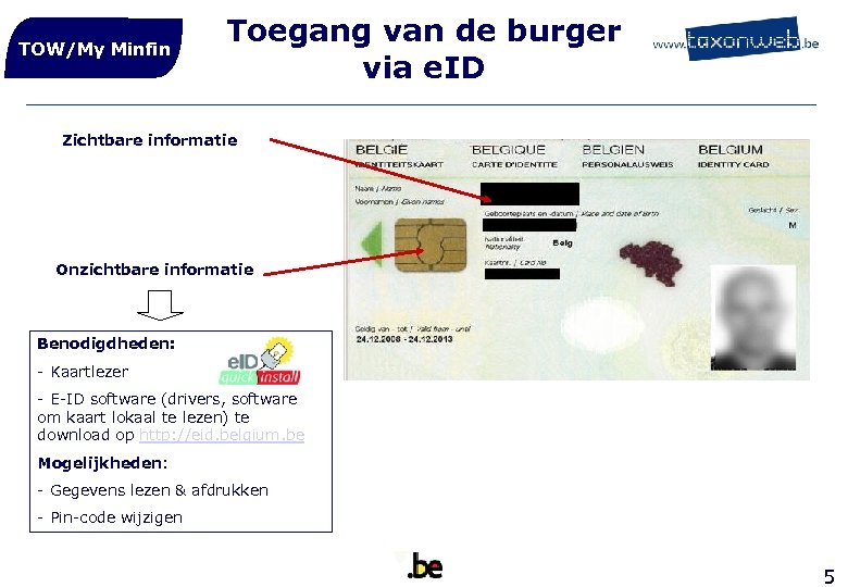 TOW/My Minfin Toegang van de burger via e. ID Zichtbare informatie Onzichtbare informatie Benodigdheden: