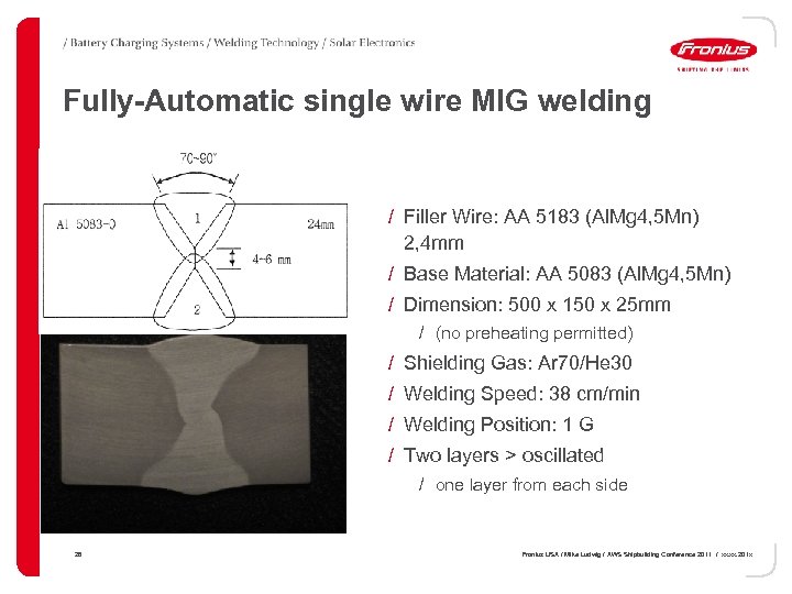 Fully-Automatic single wire MIG welding / Filler Wire: AA 5183 (Al. Mg 4, 5