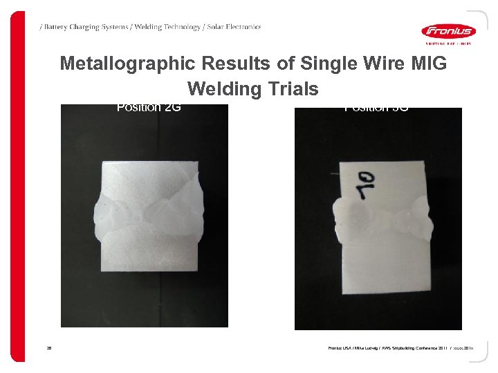 Metallographic Results of Single Wire MIG Welding Trials Position 2 G 28 Position 3