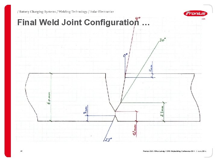 Final Weld Joint Configuration … 47 Fronius USA / Mike Ludwig / AWS Shipbuilding