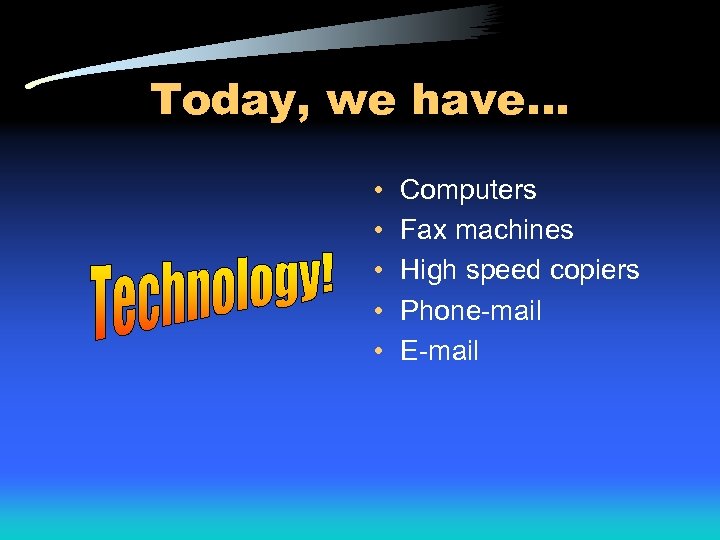 Today, we have… • • • Computers Fax machines High speed copiers Phone-mail E-mail