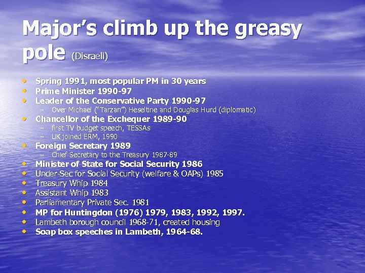 Major’s climb up the greasy pole (Disraeli) • Spring 1991, most popular PM in