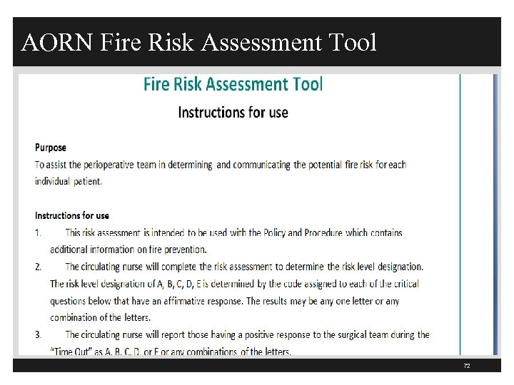 AORN Fire Risk Assessment Tool 72 