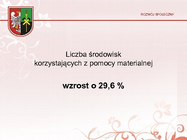 ROZWÓJ SPOŁECZNY Liczba środowisk korzystających z pomocy materialnej wzrost o 29, 6 % 