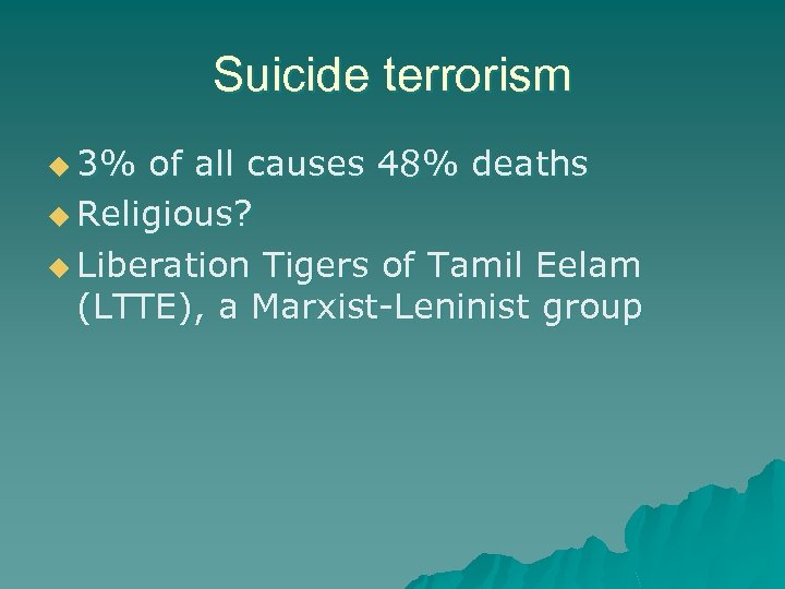 Suicide terrorism u 3% of all causes 48% deaths u Religious? u Liberation Tigers