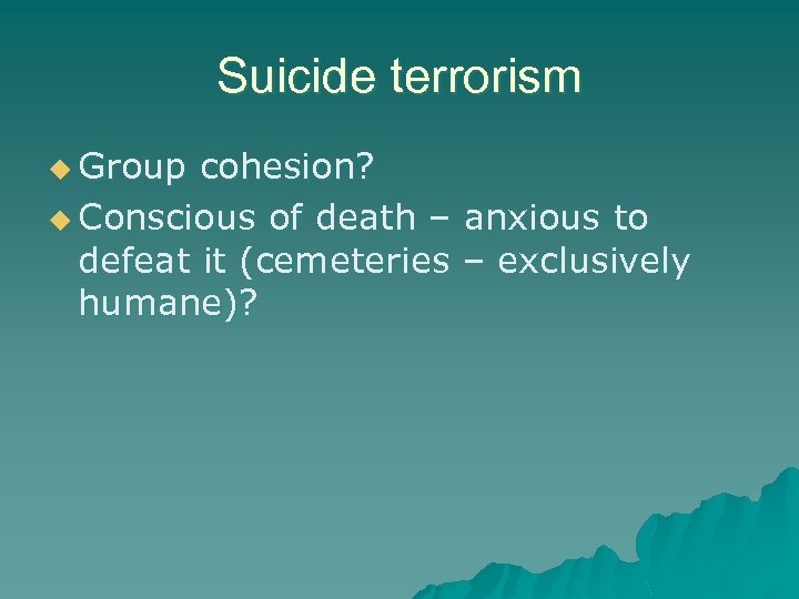 Suicide terrorism u Group cohesion? u Conscious of death – anxious to defeat it