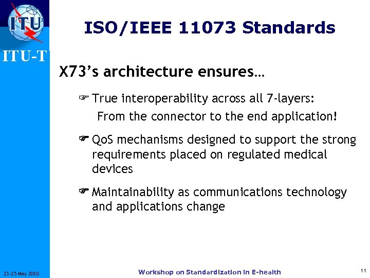 ISO/IEEE 11073 Standards ITU-T X 73’s architecture ensures… F True interoperability across all 7