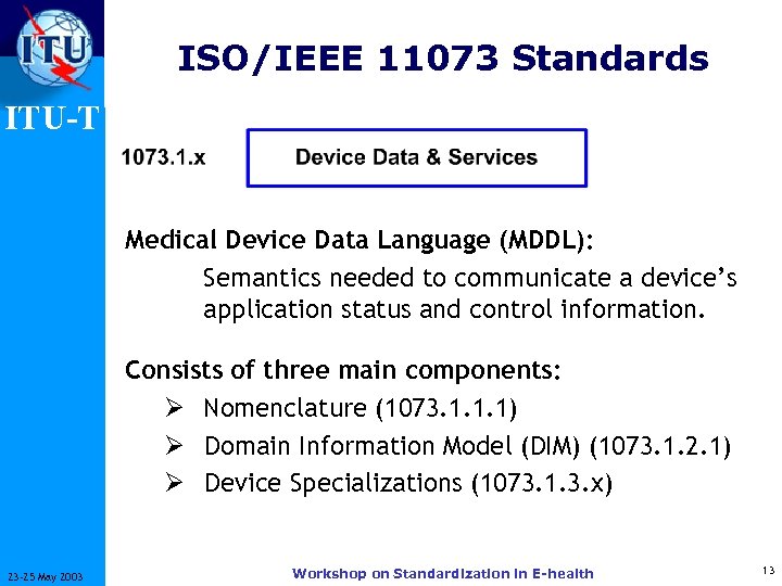 ISO/IEEE 11073 Standards ITU-T Medical Device Data Language (MDDL): Semantics needed to communicate a