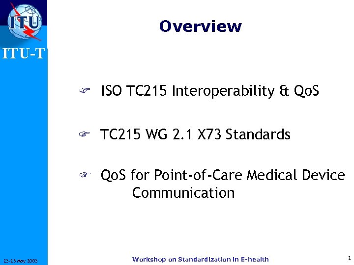 Overview ITU-T F ISO TC 215 Interoperability & Qo. S F TC 215 WG