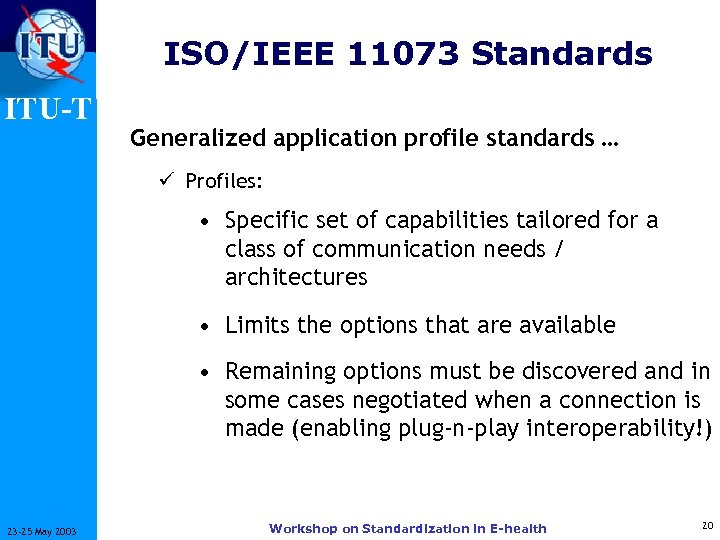 ISO/IEEE 11073 Standards ITU-T Generalized application profile standards … ü Profiles: • Specific set