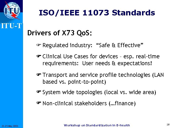 ISO/IEEE 11073 Standards ITU-T Drivers of X 73 Qo. S: F Regulated industry: “Safe