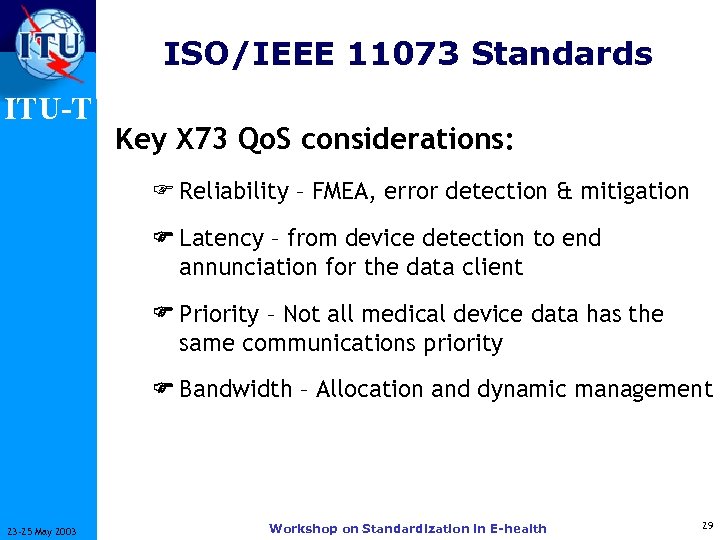 ISO/IEEE 11073 Standards ITU-T Key X 73 Qo. S considerations: F Reliability – FMEA,