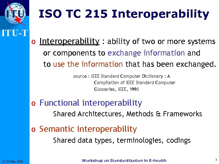 ISO TC 215 Interoperability ITU-T o Interoperability : ability of two or more systems