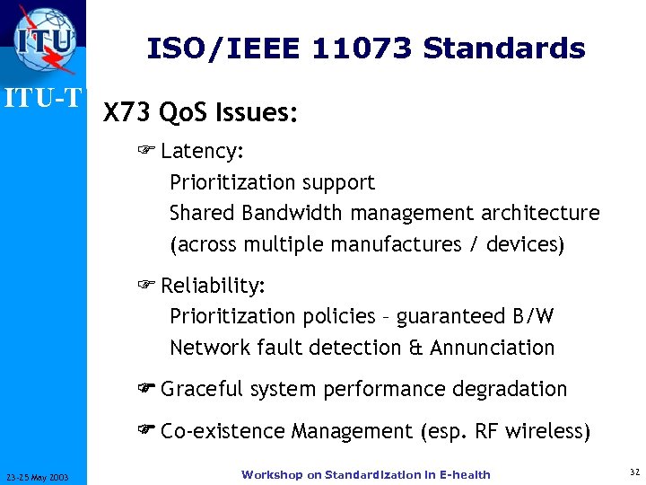 ISO/IEEE 11073 Standards ITU-T X 73 Qo. S Issues: F Latency: Prioritization support Shared