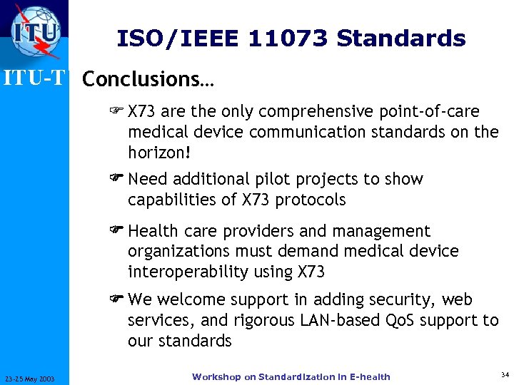 ISO/IEEE 11073 Standards ITU-T Conclusions… F X 73 are the only comprehensive point-of-care medical