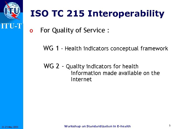 ISO TC 215 Interoperability ITU-T o For Quality of Service : WG 1 -