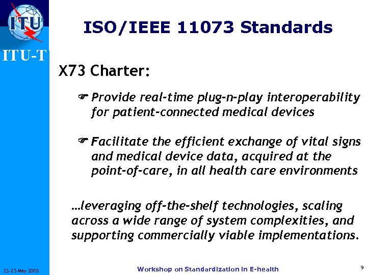 ISO/IEEE 11073 Standards ITU-T X 73 Charter: Provide real-time plug-n-play interoperability for patient-connected medical