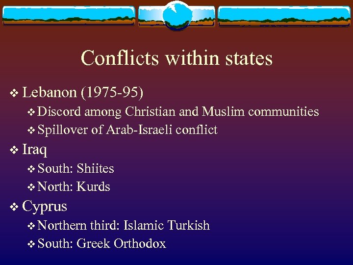 Conflicts within states v Lebanon (1975 -95) v Discord among Christian and Muslim communities