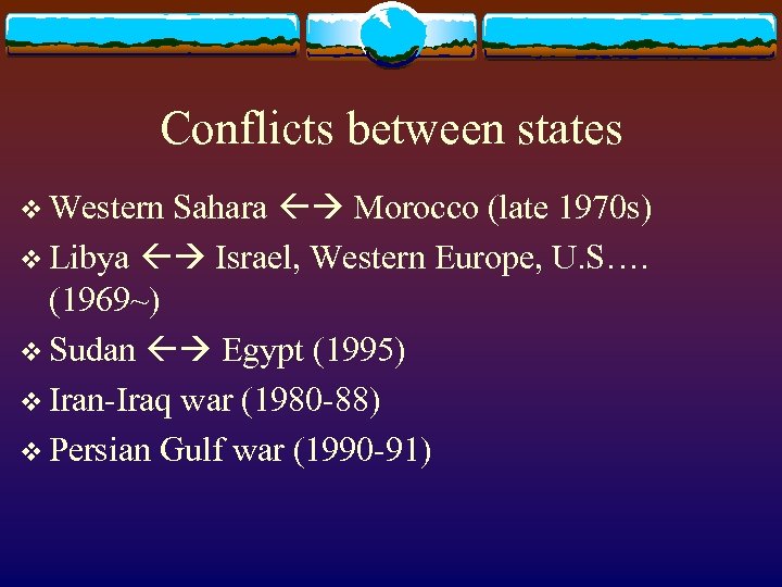 Conflicts between states Sahara Morocco (late 1970 s) v Libya Israel, Western Europe, U.