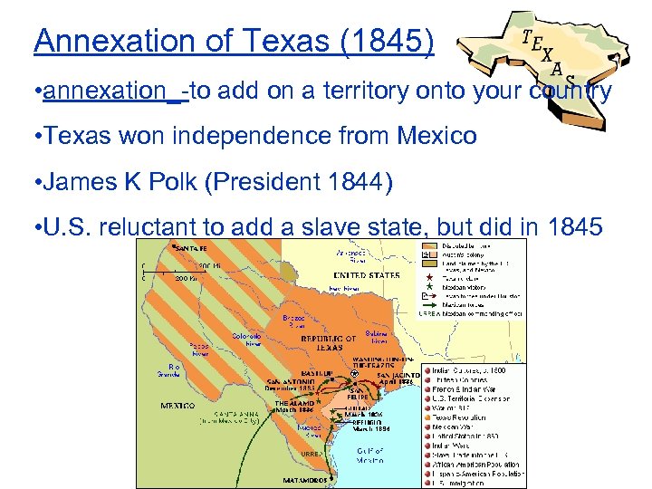 Annexation of Texas (1845) • annexation_-to add on a territory onto your country •