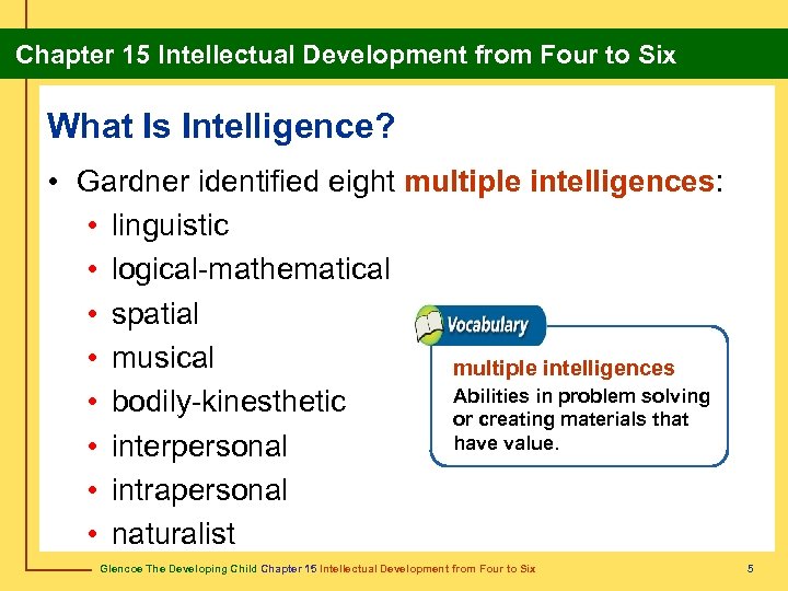 Chapter 15 Intellectual Development from Four to Six What Is Intelligence? • Gardner identified