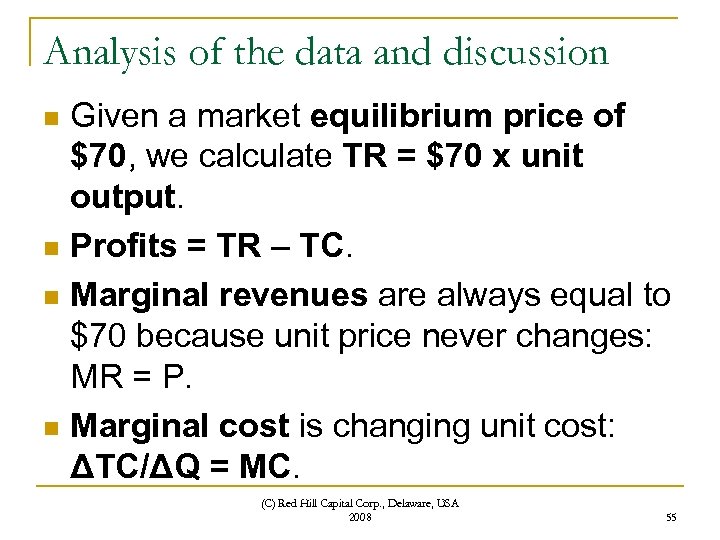 Analysis of the data and discussion Given a market equilibrium price of $70, we