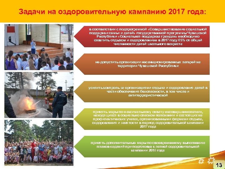 Задачи на оздоровительную кампанию 2017 года: в соответствии с подпрограммой «Совершенствование социальной поддержки семьи