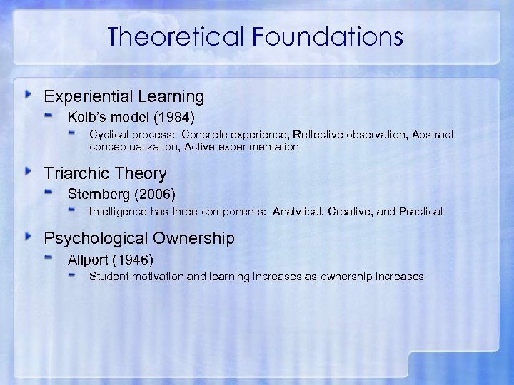 Theoretical Foundations Experiential Learning Kolb’s model (1984) Cyclical process: Concrete experience, Reflective observation, Abstract