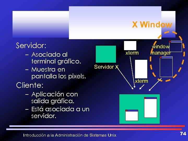 X Window Servidor: – Asociado al terminal gráfico. – Muestra en pantalla los pixels.