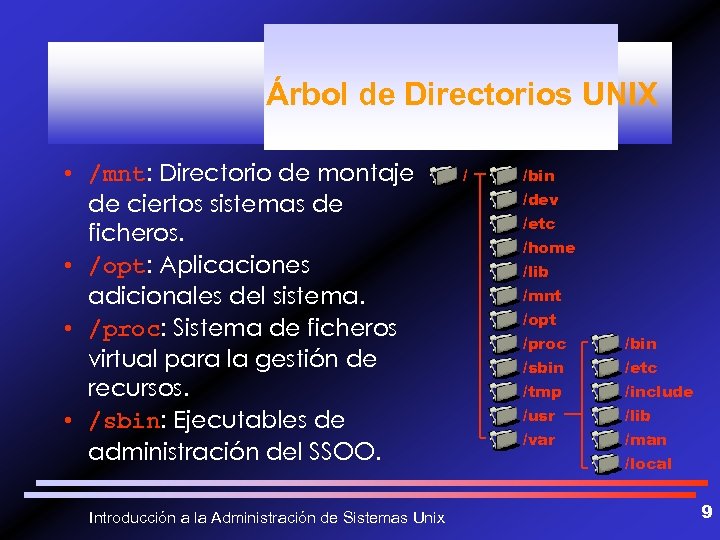 Árbol de Directorios UNIX • /mnt: Directorio de montaje de ciertos sistemas de ficheros.