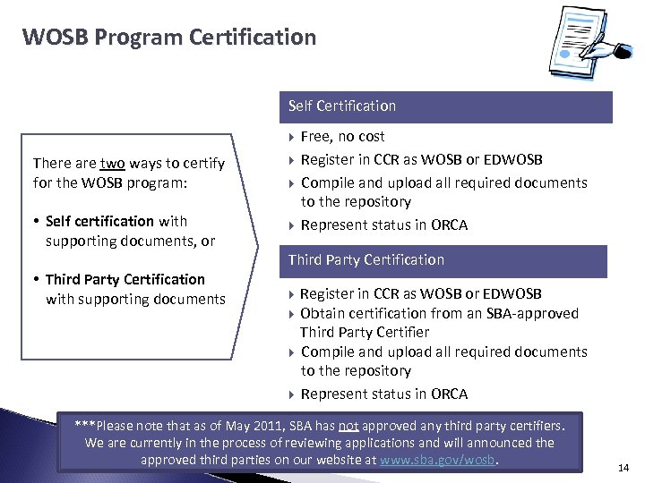 WOSB Program Certification Self Certification There are two ways to certify for the WOSB