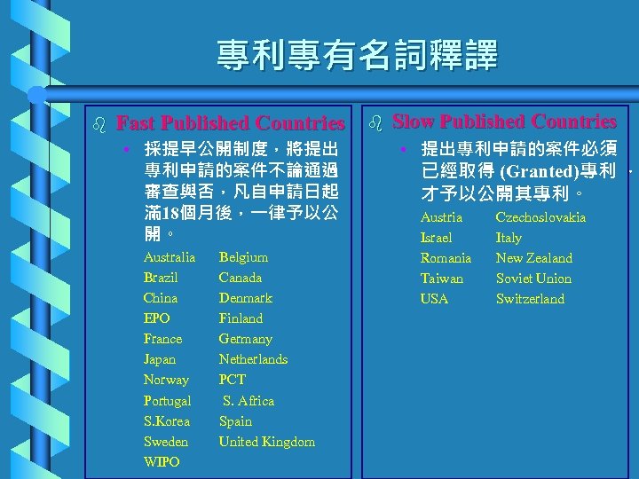 專利專有名詞釋譯 b Fast Published Countries • 採提早公開制度，將提出 專利申請的案件不論通過 審查與否，凡自申請日起 滿 18個月後，一律予以公 開。 Australia Brazil