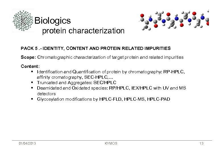 Biologics protein characterization PACK 5. - IDENTITY, CONTENT AND PROTEIN RELATED IMPURITIES Scope: Chromatographic