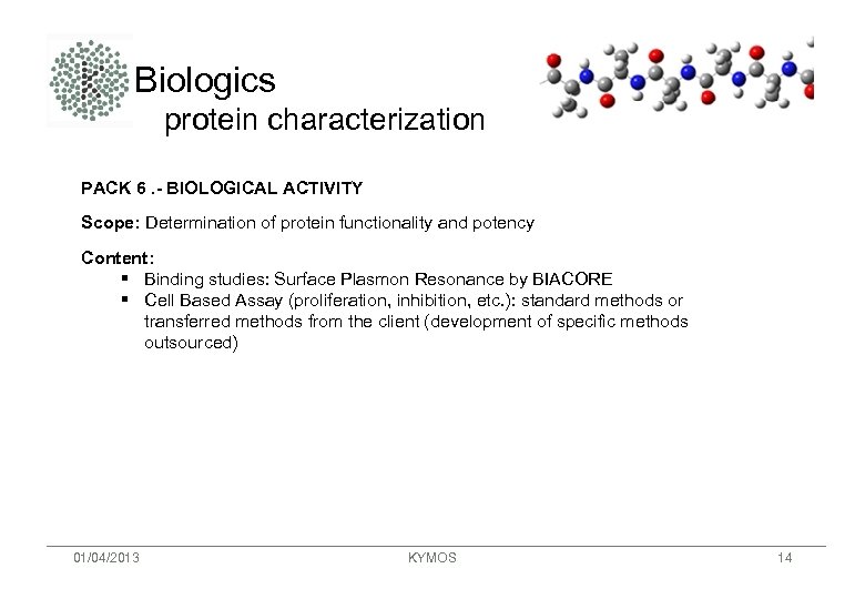 Biologics protein characterization PACK 6. - BIOLOGICAL ACTIVITY Scope: Determination of protein functionality and